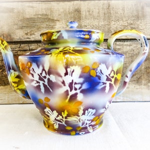 French Vintage Graniteware Teapot in Harvest Golds and Blues with screen printed Leaf Designs. Made in Czechoslovakia &quot;Elite&quot; for France