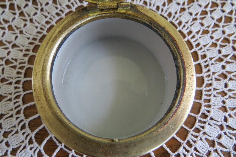 Antique Porcelain Jewelry or Trinket Box from Czechoslovakia Marked in Gold Lettering on Bottom Mirrored Lid with Romantic Scene Pink Gold