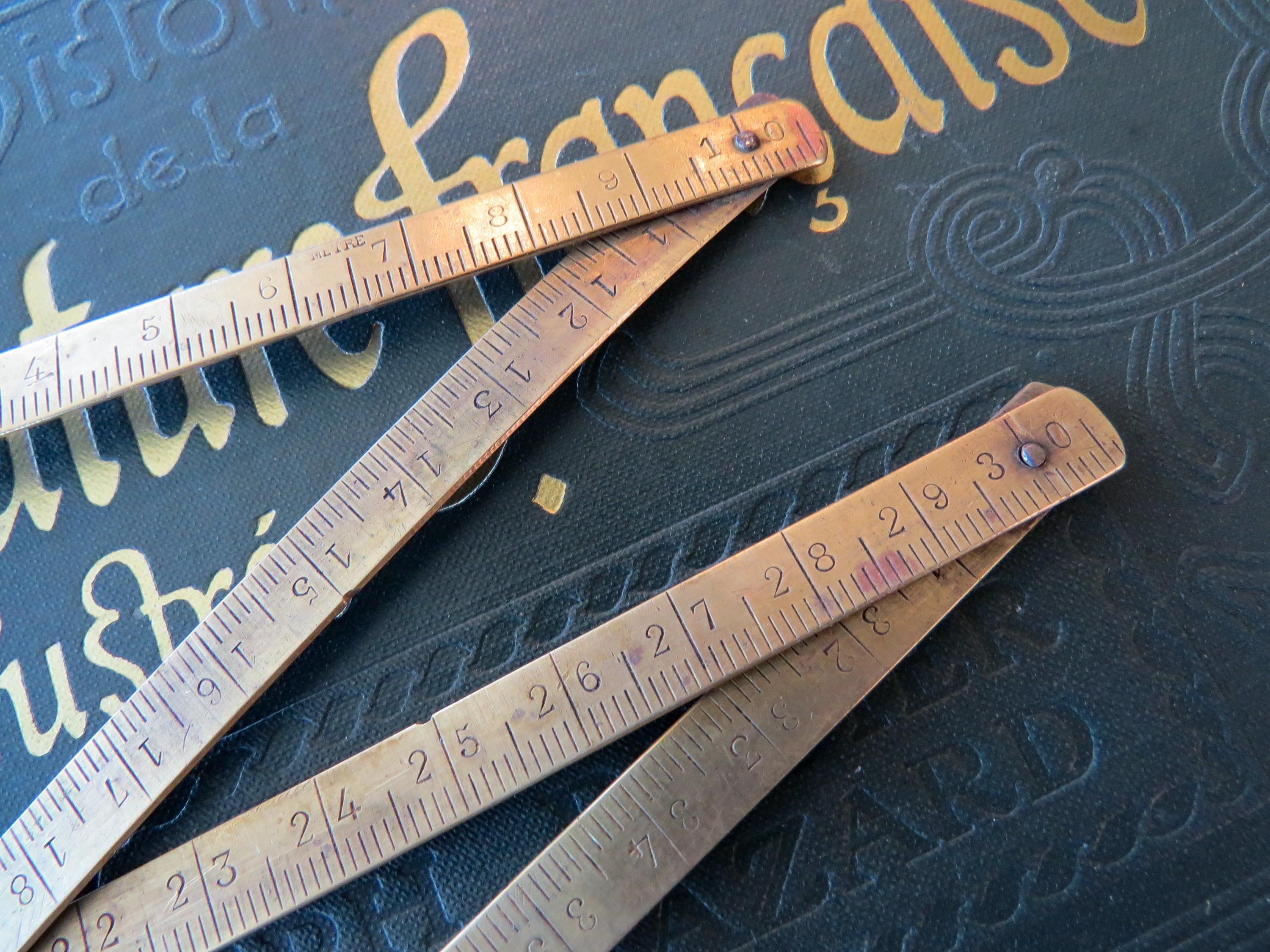 Metric Pocket Ruler Antique Folding Brass Metric Ruler From France. Carpenter Pocket ...