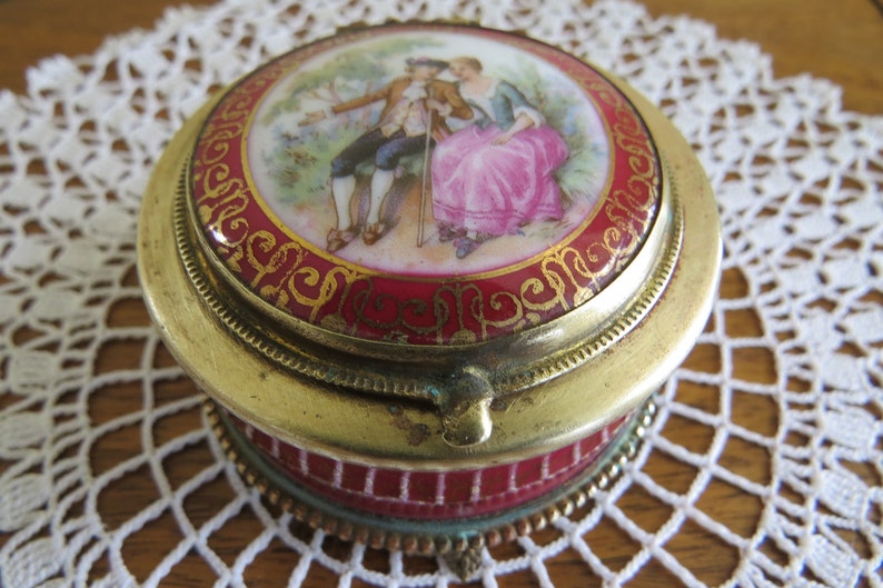 Antique Porcelain Jewelry or Trinket Box from Czechoslovakia Marked in Gold Lettering on Bottom Mirrored Lid with Romantic Scene Pink Gold