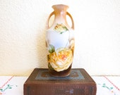 Antique Porcelain Vase E.S. Schlegelmilch Prov Saxe from Thuringia, Germany 1902-1937. Golden Brown Colors, Double Handled Slender Shape