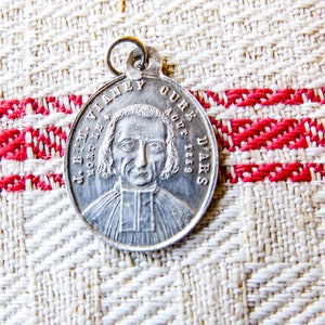 French Vintage Religious Medal. Saint Philomena and St. John Vianney. Sterling Silver 2-sided Pendant Medal Charm  Priez P Nous Pray for us.