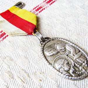 French Religious Medal Pendant Vintage Pilgrimage of the Rosary to Our Lady of Lourdes Silver Plate Large Rosary Beads Pictured, Old Ribbon