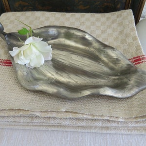 French Pewter Art Leaf Tray 1920&#39;s-1950&#39;s Stamped France on bottom. Leaf Shaped Design, Dinanderie Art of Shaped Metal &quot;Etains D&#39;Art Irman&quot;