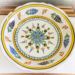French Faience Antique Porcelain Plate, France, Hand-Painted Hand Made Early 1900s Blue Star on White, Slip Glaze Hand-painted Floral Design