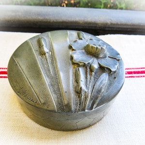 Vintage French Pewter Artisan Box Signed L Houseaux  France Jewelry Box Trinket Box Pewter Hand Worked Artist made Box Pillbox Flower, Reeds