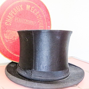 Antique French Silk Top Hat with original box. Cylinder Hat Collapsible Hat Opera Hat  Mechanical Hat Marked &quot;Belle Jardiniere&quot; France 1800s