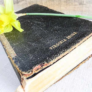 Vintage Holy Bible owned by Virginia Shore. Leather bound Old and New Testaments. Worn cover, red ribbon marker. 1960 RSV, Congregational