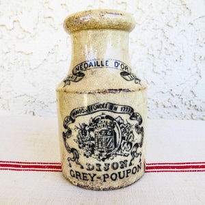 Antique French Mustard Pot Grey-Poupon Dijon Mustard, Digoin Sarreguemines mark on bottom. Premier French Manufacturer. Black Transferware