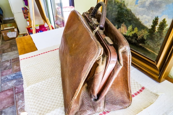 Antique French Brown Leather Gladstone Bag, Doctor / Midwife Bag