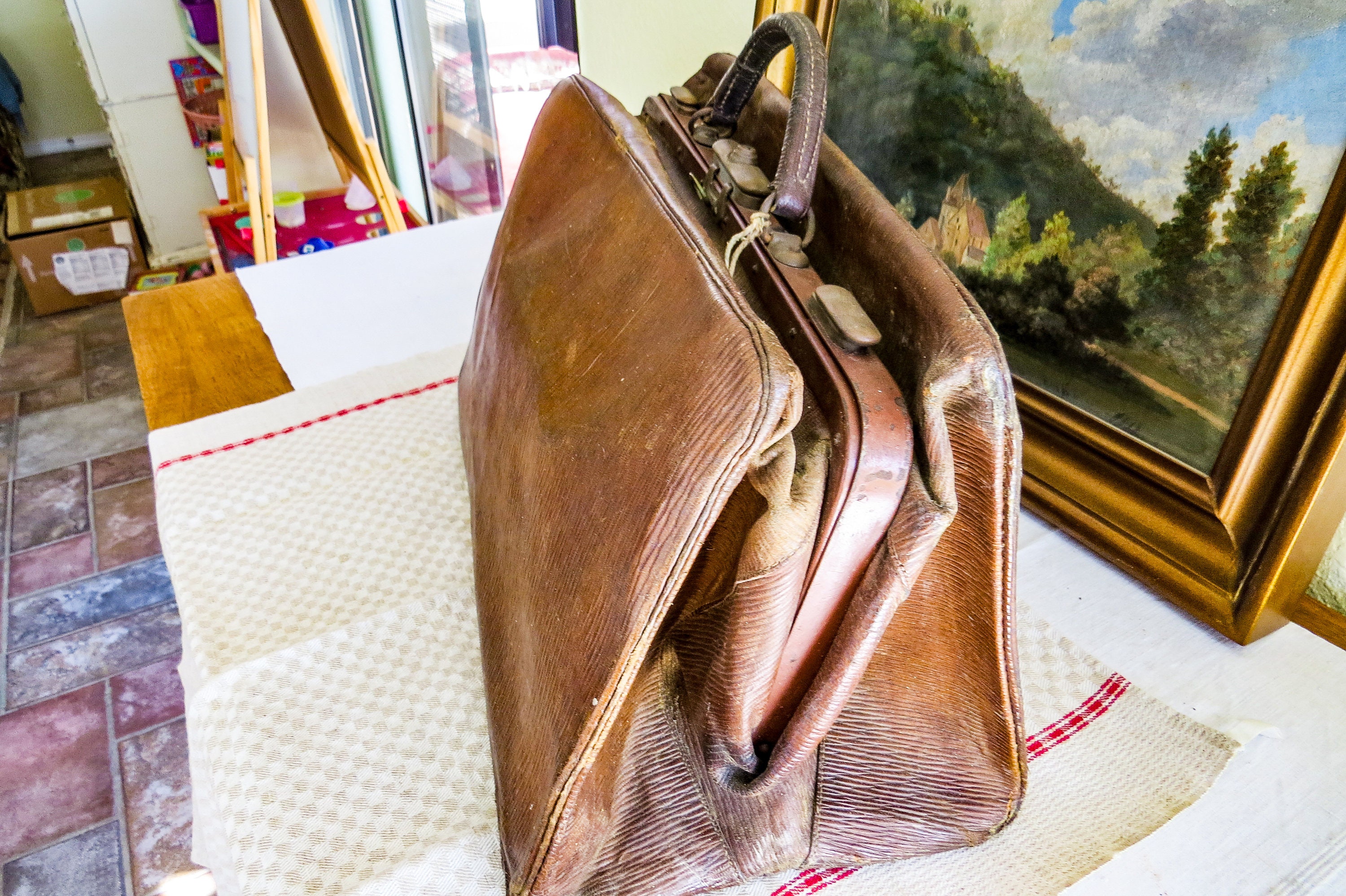 Antique French Doctor's Bag Leather Gladstone Bag 