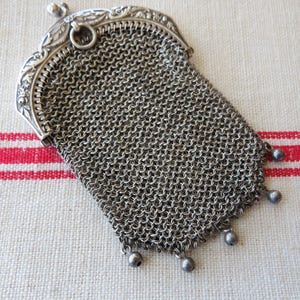 Antique Sterling Chain Mail Purse, Silver Chatelaine Coin Purse for Suspending from a small chain held by a ring at the waistline. Victorian