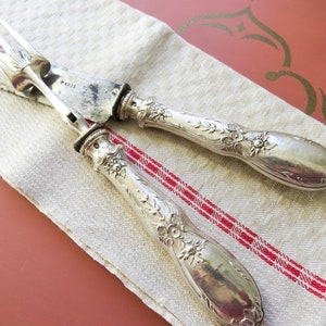 French Sterling Silver Serving Set, Knife and Fork with Fancy, elaborate handles. Sterling Silver Punch Leg of Lamb Carving Set Meat Carving