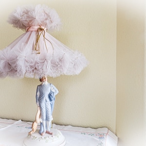 Vintage Blue Boy Bisque Porcelain Lamp with Retro Pink and Gray Netting Romantic Lampshade