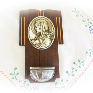 Antique French Bénitier: Madonna Medallion Holy Water Stoup, Signed Escudero