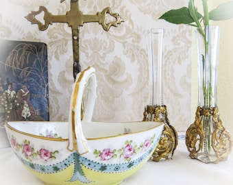 Antique Limoges Porcelain Basket: Miniature Hand-Painted Roses