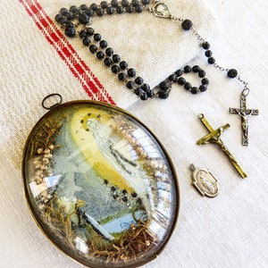 French Rosary, Cross, Medal, Framed Picture. 4 Items, Souvenirs of Pilgrimage to Lourdes, France, Pray to Our Lady of Lourdes, St Bernadette
