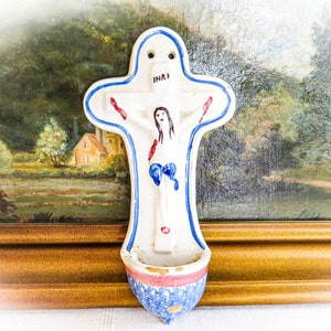 Antique 1800's Faience Bénitier Holy Water Font from France in Glazed Earthenware. Very early Polychrome Bénitier. Stoup.