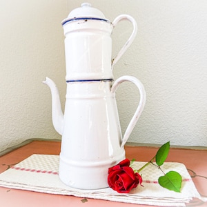 Antique French Graniteware Coffee Pot: White Enamelware Cafetière