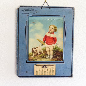 Antique 1931 Advertising Calendar with Darling Print of Girl with Dog. Original. Unused. Complete. Worn. Sherbrooke Quebec, Canada