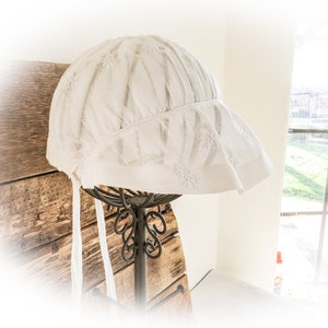 Antique French Lace Bonnet: Snowy White Cap with Ties
