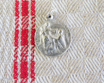 French Antique Religious Medal, Silver, 2-sided, Jesus Sacred Heart on one side, Virgo Carmeli "O Virgin Queen..."