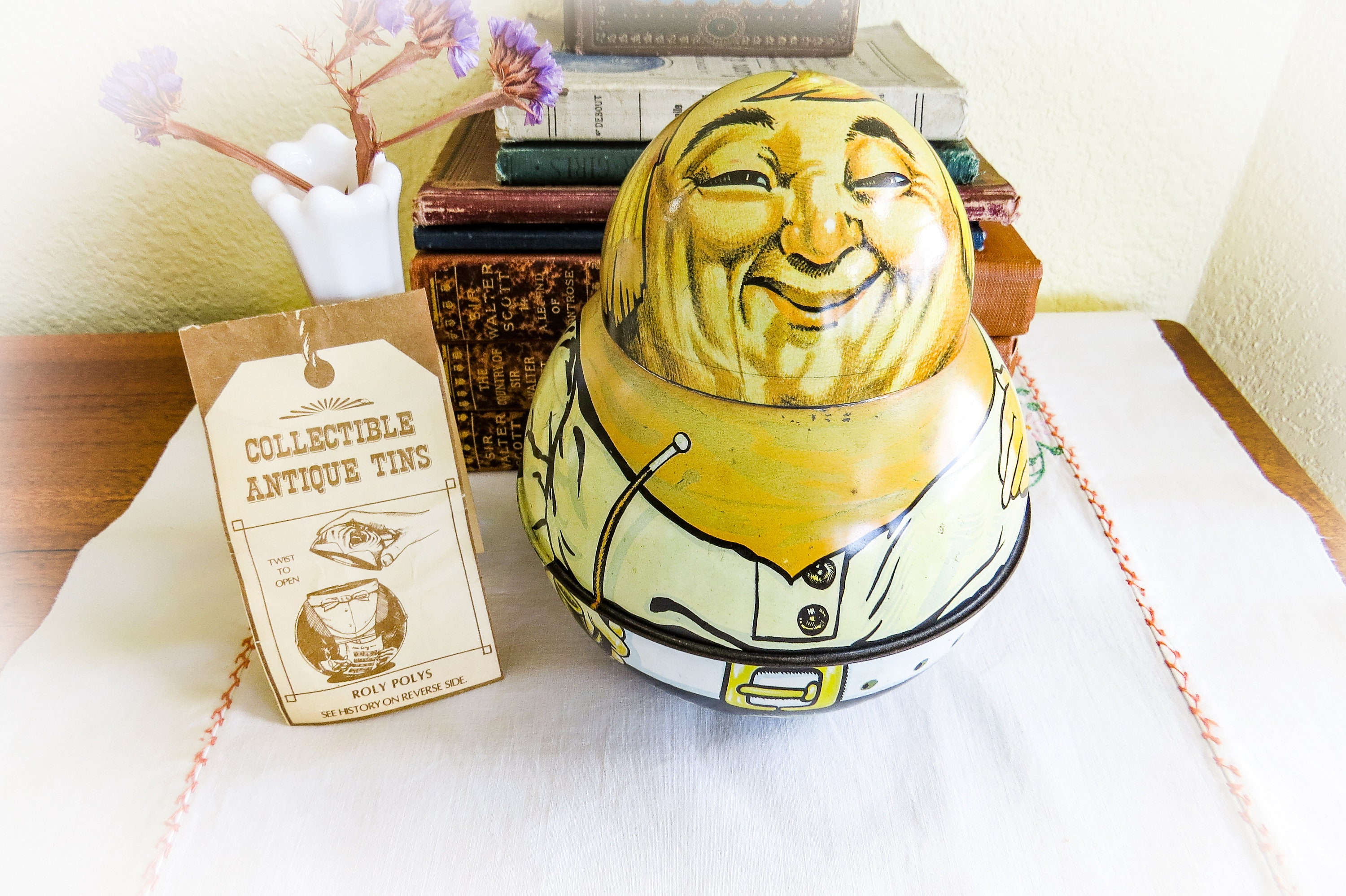 roly poly tobacco tins Vintage 1979 Roly Poly Tobacco Tin: Cowboy With Pipe, Cheinco Housewares