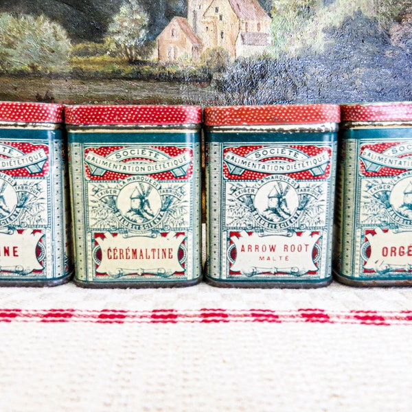 4 Antique French Tins, Miniature Size. Jammet Dietary Additives: Orgéose, Cérémaltine, Rizine, Arrow Root. Very Decorative, Paris Pharmacy