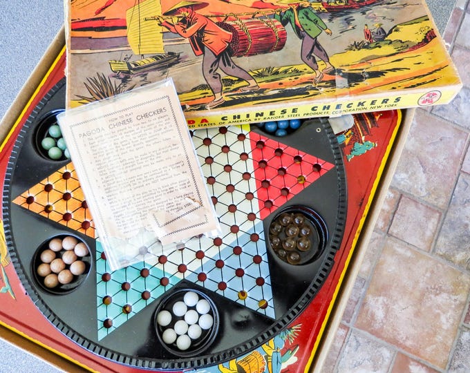 Vintage 1940s Chinese Checkers Game Marbles Instructions Box Complete ...