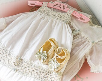 Vintage Christening or Baptismal Dress, Dedication. Slip, matching shoes. With Vintage Child&#39;s Hanger, Exquisite Seamstress Work. Crochet.