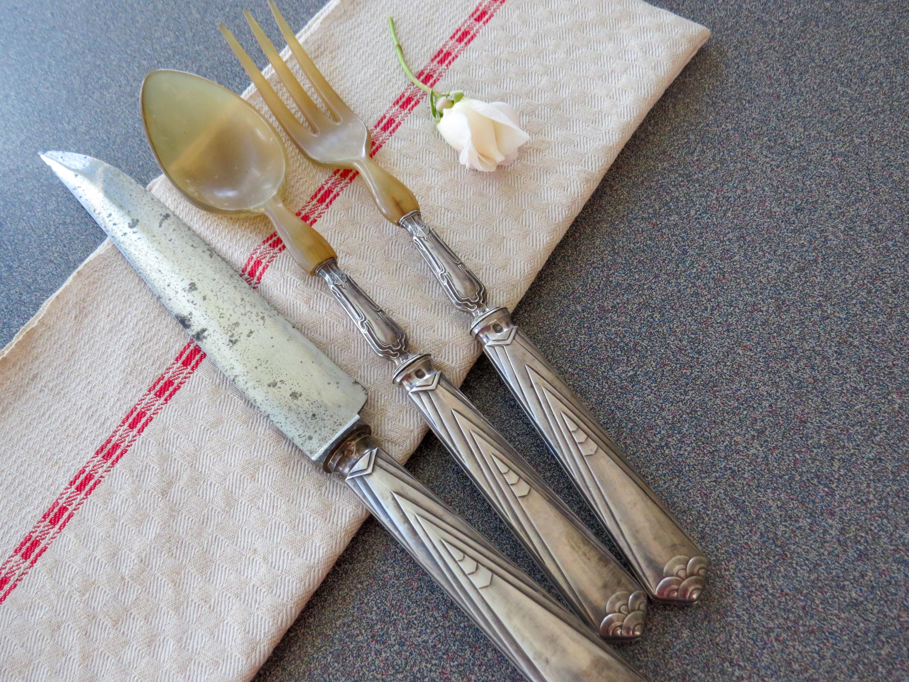 R*様 French Antique Sterling Silver Fork Antique French Sterling Silver Horn Salad Set: Art Deco Knife