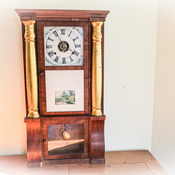 Antique Seth Thomas Mantel or Shelf Clock Triple Decker, 3-Tier Pillar Clock, Empire Style, 1850's with Key and Pendulum. 8 day Brass Clock