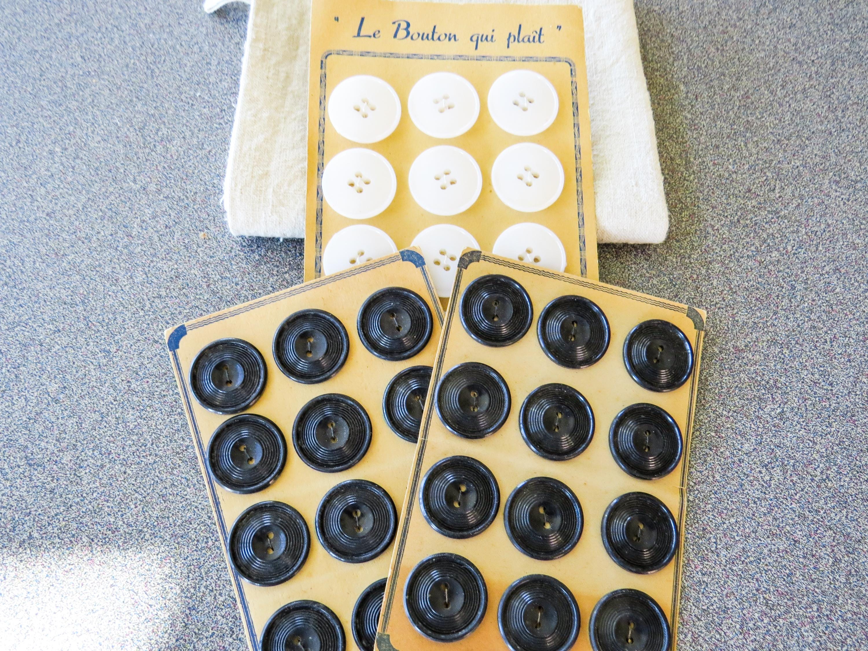 French Vintage Buttons: 3 Original Cards, White, Black Vinyl