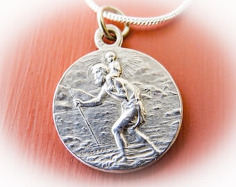 Antique Sterling Silver French Saint Christopher Pendant Necklace, Charm, Medal  Patron Saint of Travel. Traveling. Ready to wear.