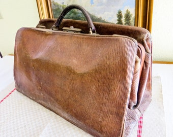 Bolso Gladstone antiguo de piel de buey francesa: cartera de médico desgastada