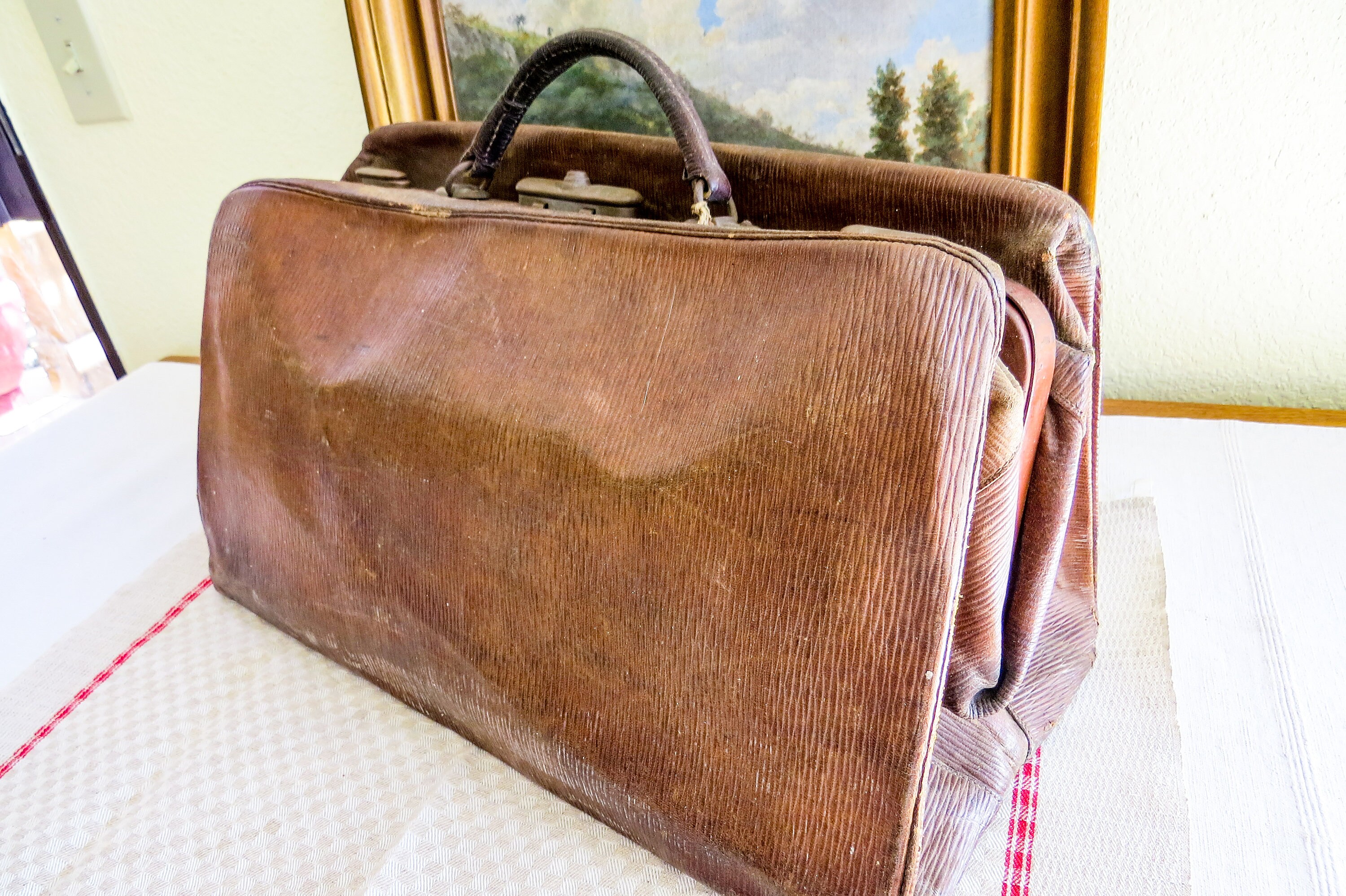 Antique Brown Leather Gladstone Doctors Bag Vintage Case, France, circa  1900s