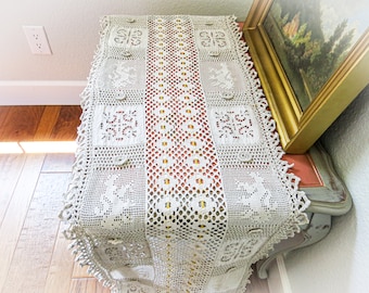 French Needlework Table Runner Embroidery, Macrame stitches, Light gray/off white with yellow stitch running the length. Fringe, Hand-made