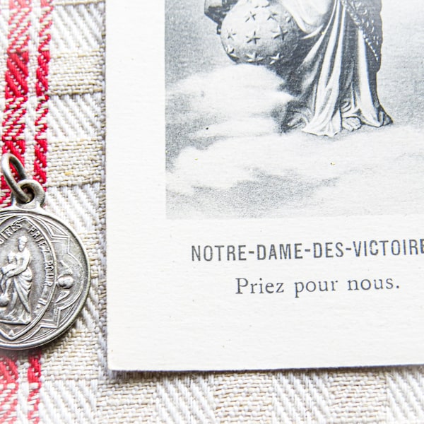 Antique French Saint Medal Pendant with Holy Card. Notre Dame des Victoires, Our Lady of Victories. Many churches dedicated to Her. Ex votos