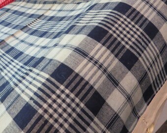 Antique French Kelsch Linen Pillow Cover: Navy Blue Plaid, Hand-Loomed