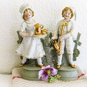 Vintage Bisque Porcelain Figurines Pair Vases Wagner & Apel Porzellan Germany Lippelsdorf Jadeite Green/ White with Gold Accents Music Tea