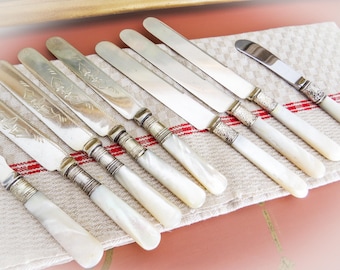 Può includere: Un set di nove coltelli d'argento con manici in madreperla. I coltelli sono disposti su un panno di lino a strisce bianche e rosse.