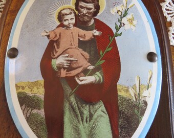Saint Joseph Holding the Infant Jesus French Plaque in Enamelware Mounted on Wood with Easel Back Stained Dark Walnut Nails hold in place