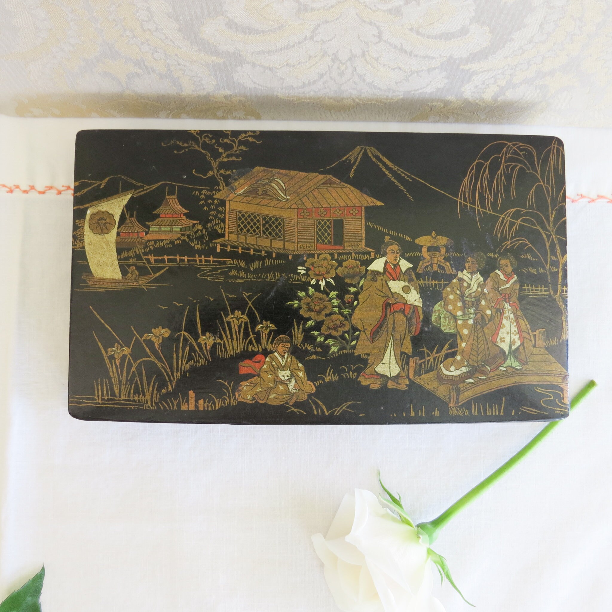 ヴィンテージのフランス漆器ボックス：張り子の裁縫コレクション