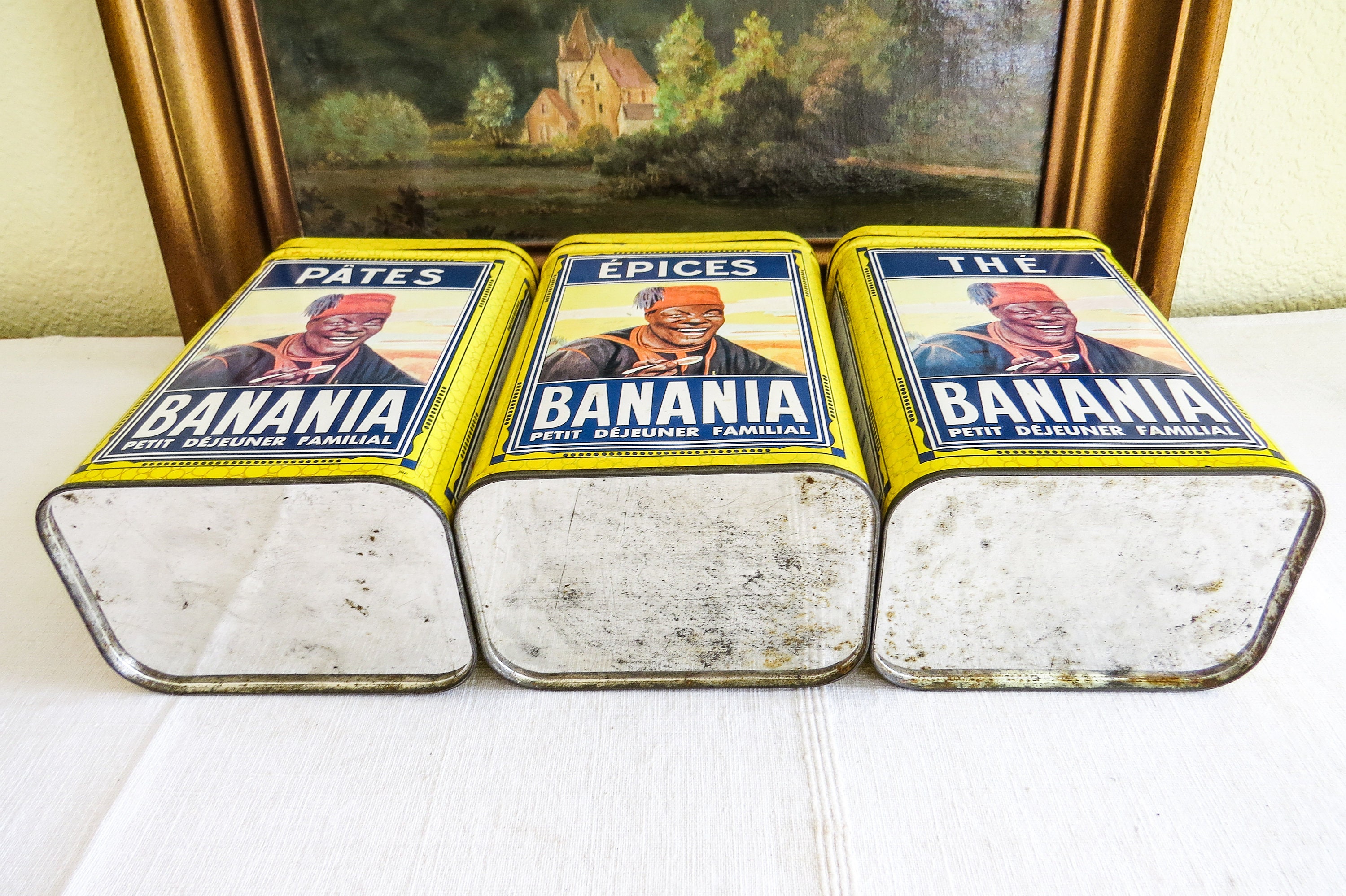 3 Vintage French Banania Tins Lithographed Tin Kitchen Canisters.matching  Set of 3 petit Déjeuner Familial épices-spices, Pâtes-pasta, Thé 