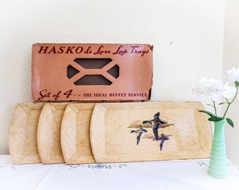 Haskelite Hasko Deluxe Lap Trays Set of 4 Vintage &quot;The Ideal Buffet Service&quot; for parties, bridge, picnics, buffet suppers, teas, sandwiches