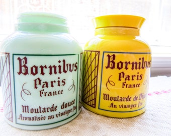 2 Vintage French Mustard Pots, one is Jadeite Green, the other bright yellow. Bornibus Paris France, Dijon Mustard. Premier Manufacturer.