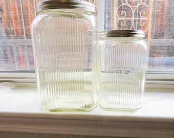 Pair Antique Hoosier Jars, Original Kitchen Storage Jars. Tea Canister plus Coffee. Early 1900&#39;s Kitchen Collectible Country Kitchen Sellers