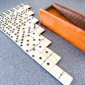 Antique French Bone Domino Set with Ebony Inlay - Wooden Box