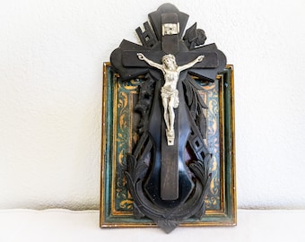 Antique French Crucifix Carved Wood Folk Art. Instruments of the Passion. Spear, Sponge,  Reed Ladder. Arma Christi. Man of Sorrows.