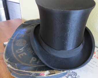 Antique French Silk Top Hat Mechanical Hat in Box from Paris, France. Collapsible Cylinder Hat or Opera Hat